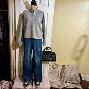 New Wms Old Navy‎ Grey Waffle Knit Cotton Blend Crop Henley Sweater Gray Cozy S